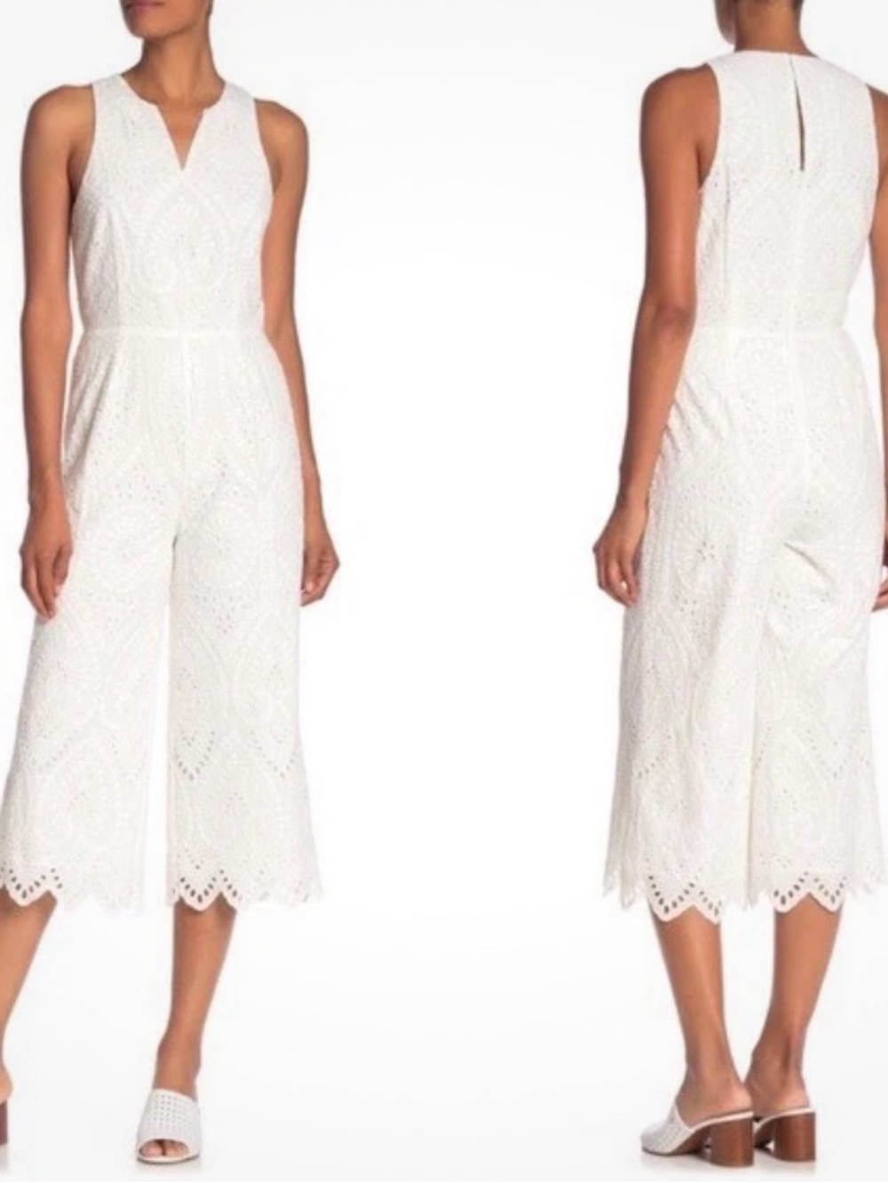 Trina Turk White Eyelet Jumpsuit, sleeveless V-neck, wide crop legs, NWOT size S